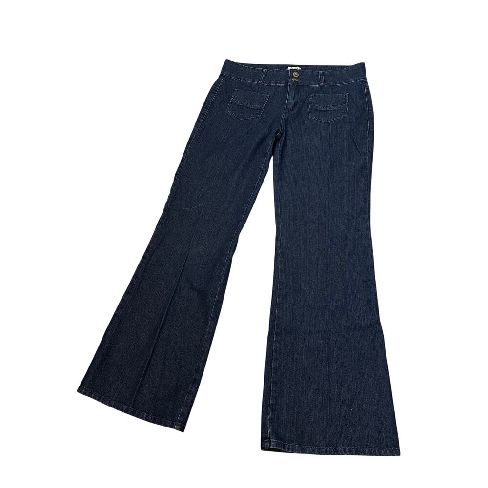 NWT Olsenboye Flare Jeans Boho Hippie Y2K Dark Wash Denim Peace Button Details